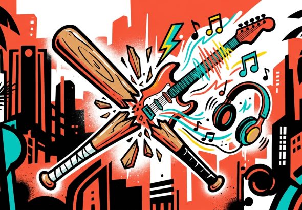 Ilustración urbana de un bate de béisbol transformándose en guitarra, simbolizando la historia del cantante Beéle en Venezuela.