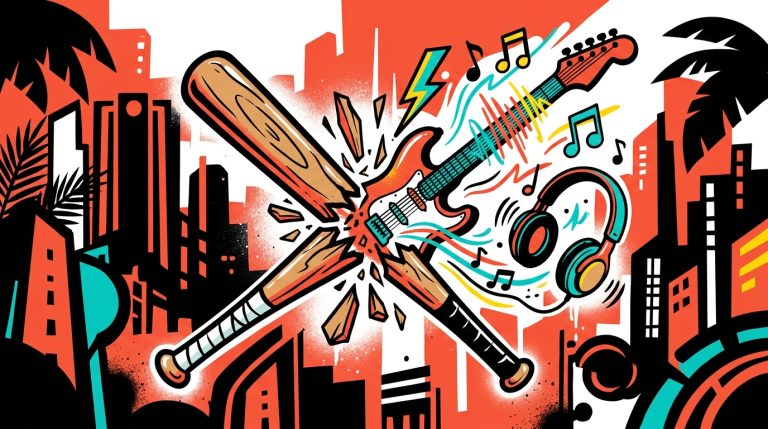 Ilustración urbana de un bate de béisbol transformándose en guitarra, simbolizando la historia del cantante Beéle en Venezuela.