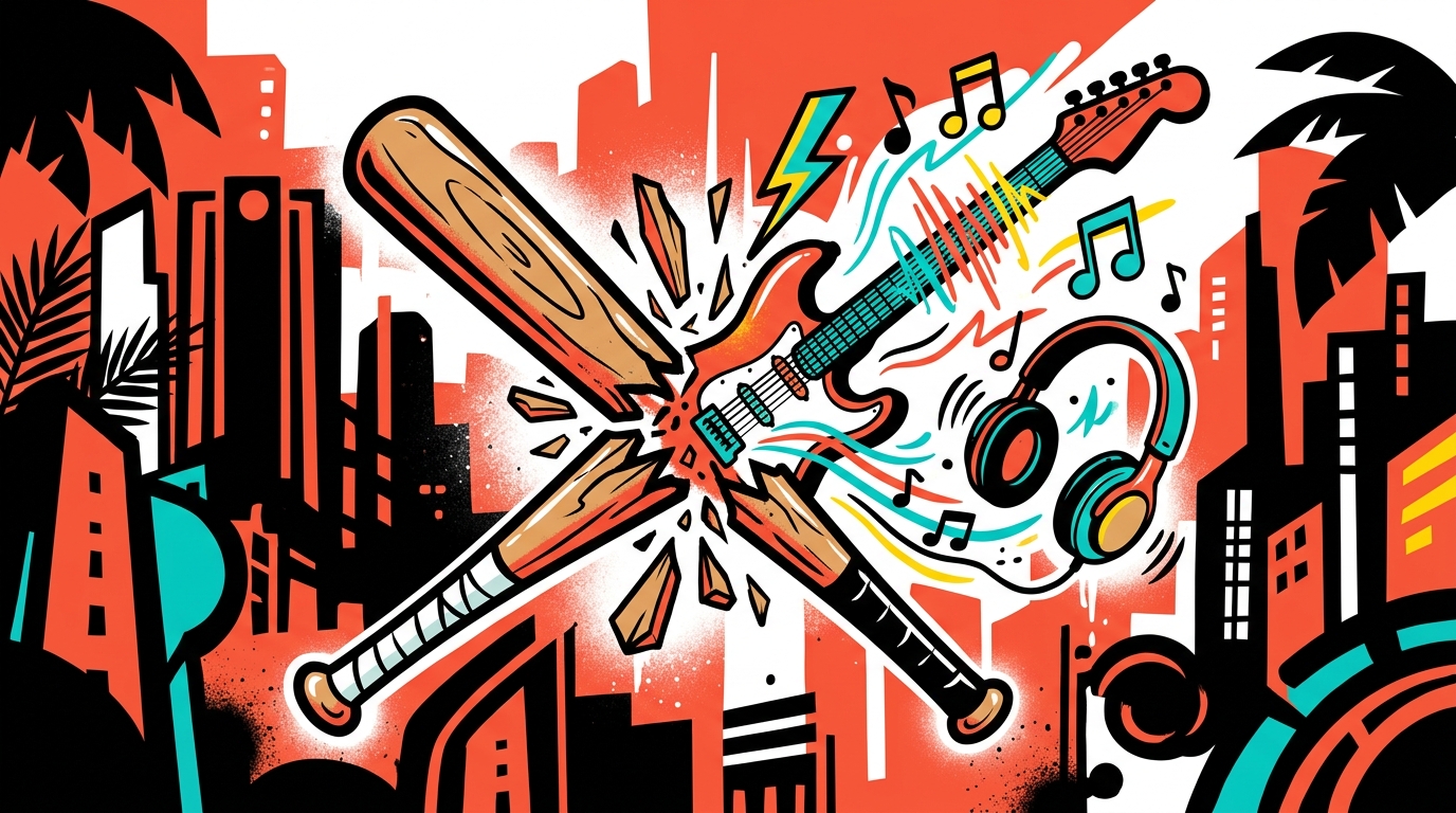 Ilustración urbana de un bate de béisbol transformándose en guitarra, simbolizando la historia del cantante Beéle en Venezuela.