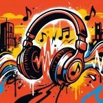 Ilustración del verano K-pop de Sunmi en Valencia: audífonos y ondas musicales en arte urbano.