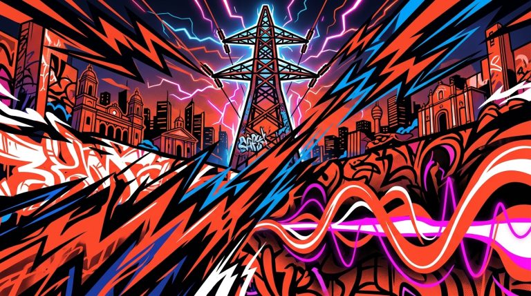 Ilustración urbana sobre 'Switchblade' de beabadoobee, mostrando su nuevo sonido con energía eléctrica y colores vibrantes.