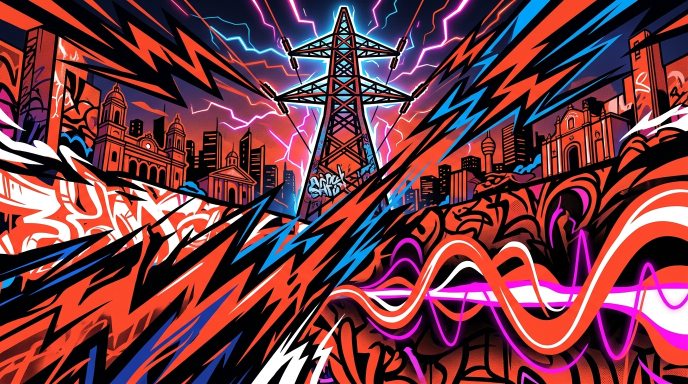 Ilustración urbana sobre 'Switchblade' de beabadoobee, mostrando su nuevo sonido con energía eléctrica y colores vibrantes.