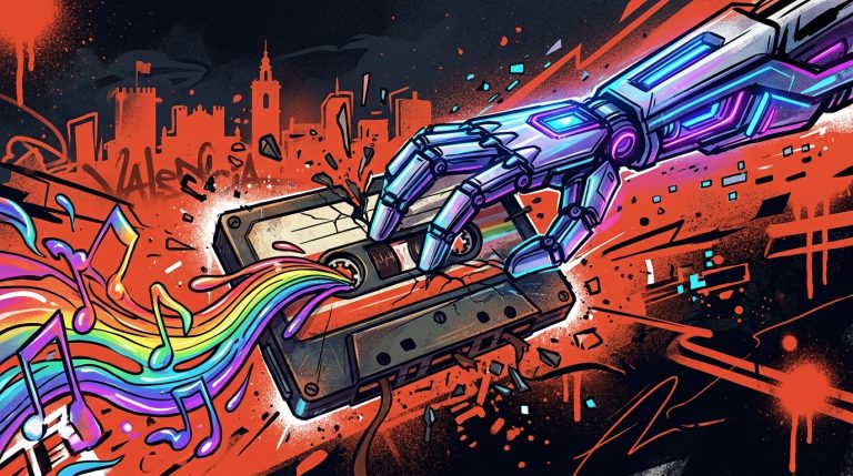 Ilustración urbana de un brazo robótico extrayendo música de un casete, simbolizando el caso de Suno IA y derechos de autor.