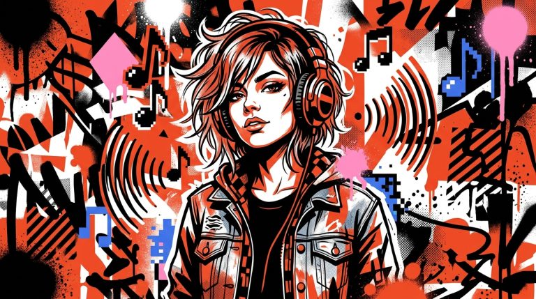 Ilustración urbana de una joven con audífonos, símbolo de Lily Allen y su impacto musical pionero en MySpace.