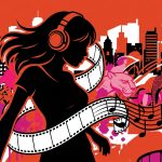 Ilustración urbana sobre PinkPantheress y su salto al cine. Símbolos de música y cine con el estilo de Bonchona Radio.