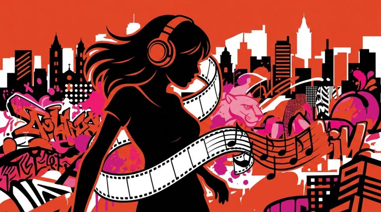 Ilustración urbana sobre PinkPantheress y su salto al cine. Símbolos de música y cine con el estilo de Bonchona Radio.