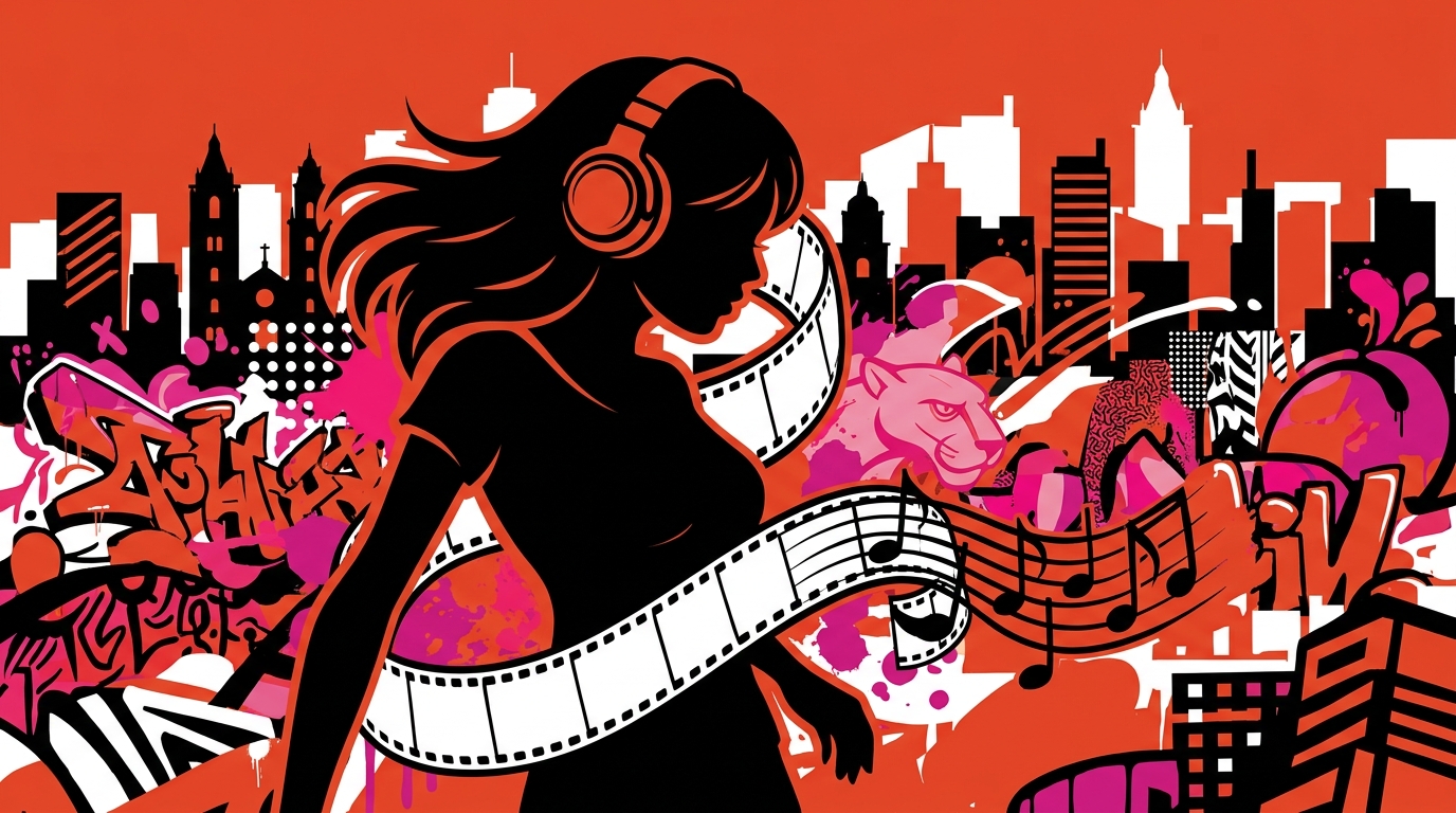 Ilustración urbana sobre PinkPantheress y su salto al cine. Símbolos de música y cine con el estilo de Bonchona Radio.