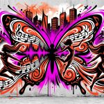 Ilustración urbana de ALMAS: cuatro siluetas y mariposa que simbolizan la transformación de su EP METANOIA.