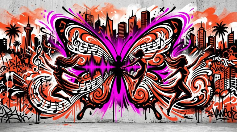 Ilustración urbana de ALMAS: cuatro siluetas y mariposa que simbolizan la transformación de su EP METANOIA.