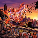 Ilustración urbana sobre el despecho de Judeline en 'BESITO'. Silueta de artista con una onda sonora rota.