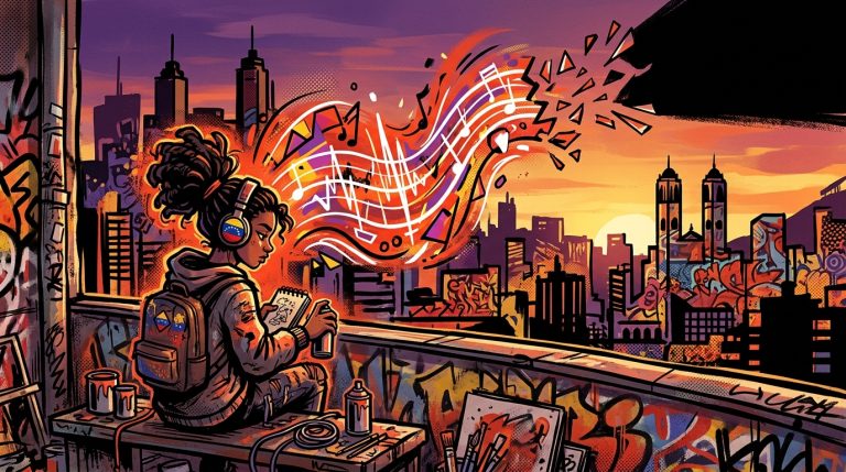 Ilustración urbana sobre el despecho de Judeline en 'BESITO'. Silueta de artista con una onda sonora rota.