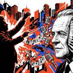 Ilustración urbana de la colaboración musical entre el actor Anthony Hopkins y el director Gustavo Dudamel.