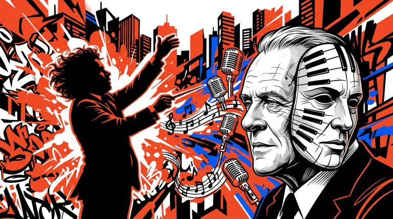 Ilustración urbana de la colaboración musical entre el actor Anthony Hopkins y el director Gustavo Dudamel.