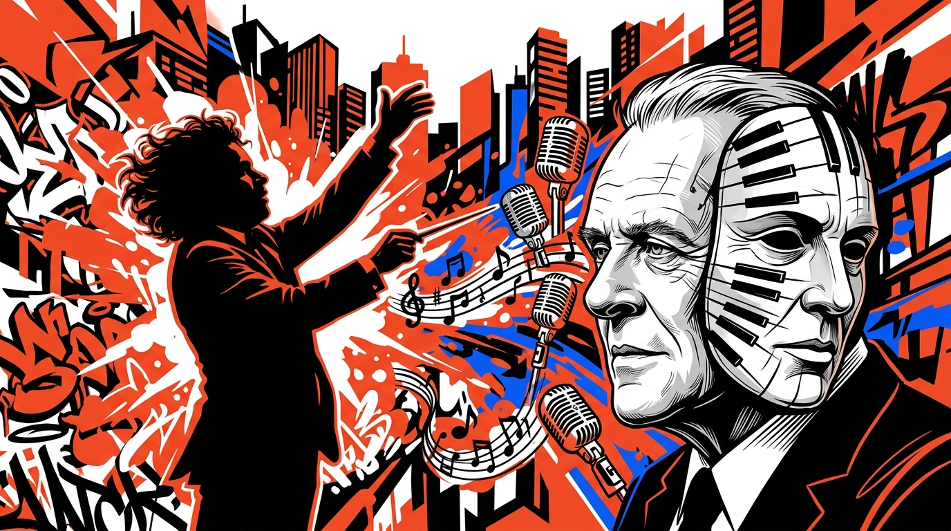 Ilustración urbana de la colaboración musical entre el actor Anthony Hopkins y el director Gustavo Dudamel.