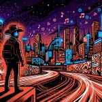 Arte digital sobre el nuevo álbum de Beck, 'Ride Lonesome'. Silueta urbana escuchando música en una autopista nocturna.