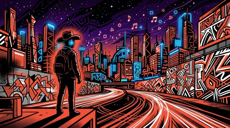 Arte digital sobre el nuevo álbum de Beck, 'Ride Lonesome'. Silueta urbana escuchando música en una autopista nocturna.
