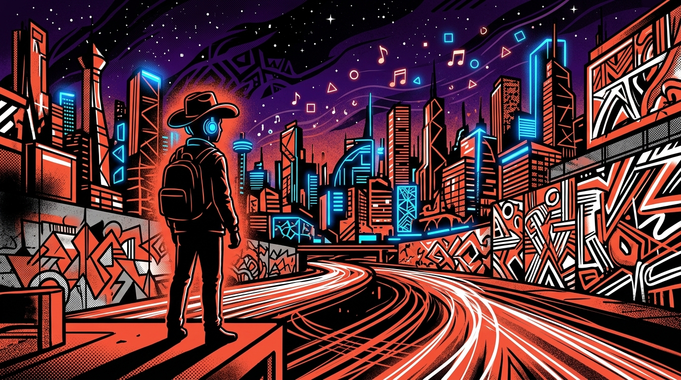 Arte digital sobre el nuevo álbum de Beck, 'Ride Lonesome'. Silueta urbana escuchando música en una autopista nocturna.