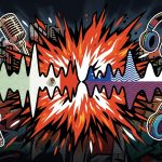 Ilustración urbana de la colaboración musical entre RØZ (México) y Young Cister (Chile). Arte pop con ondas de sonido y símbolos.