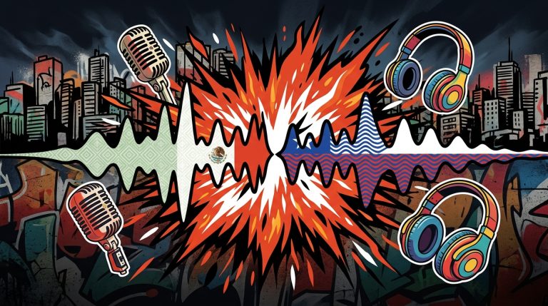 Ilustración urbana de la colaboración musical entre RØZ (México) y Young Cister (Chile). Arte pop con ondas de sonido y símbolos.