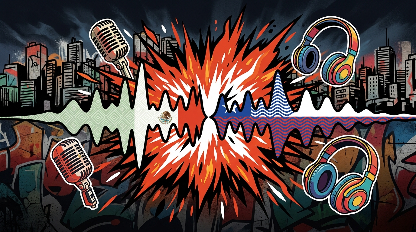 Ilustración urbana de la colaboración musical entre RØZ (México) y Young Cister (Chile). Arte pop con ondas de sonido y símbolos.