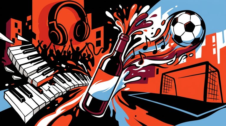 Ilustración urbana de Charly García, el fútbol de Argentina y un vino mágico, con elementos de música y radio juvenil.