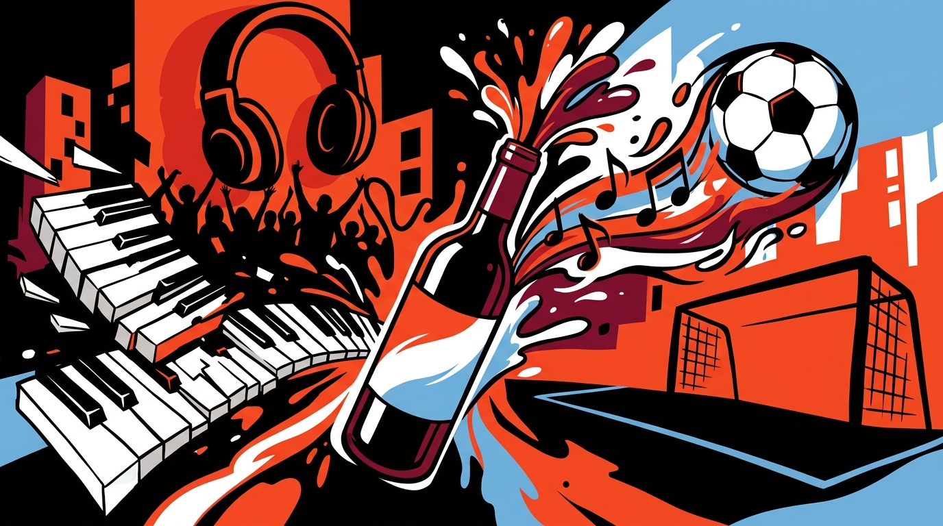 Ilustración urbana de Charly García, el fútbol de Argentina y un vino mágico, con elementos de música y radio juvenil.