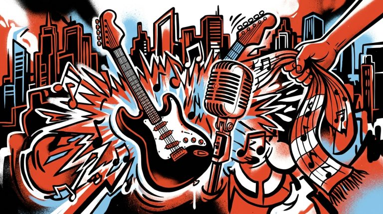 Ilustración urbana del concurso de rock en Argentina. Guitarra, micrófono y símbolos venezolanos en arte graffiti para Bonchona Radio.