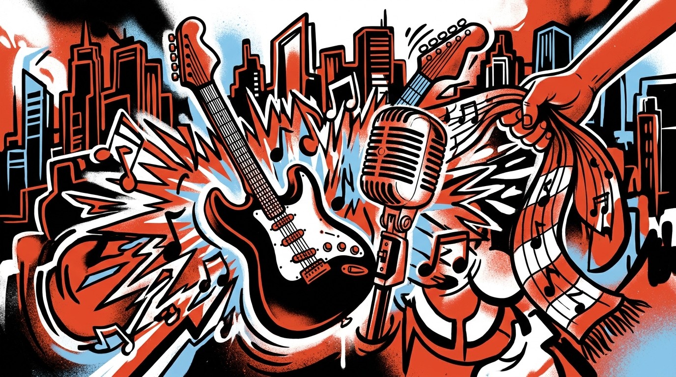 Ilustración urbana del concurso de rock en Argentina. Guitarra, micrófono y símbolos venezolanos en arte graffiti para Bonchona Radio.