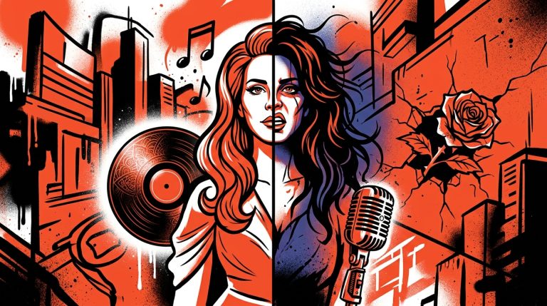Ilustración urbana de Lana Del Rey dividida en dos, simbolizando sus dos nuevos álbumes. Estilo graffiti con colores vibrantes.