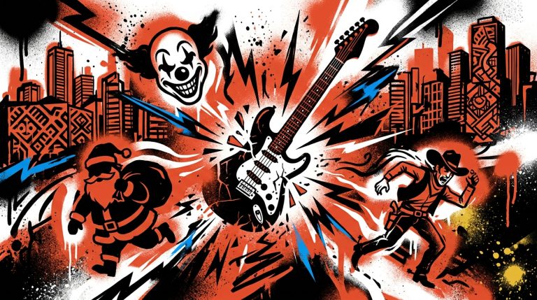 Ilustración urbana de una guitarra explotando, simbolizando el rock de Queens of the Stone Age.