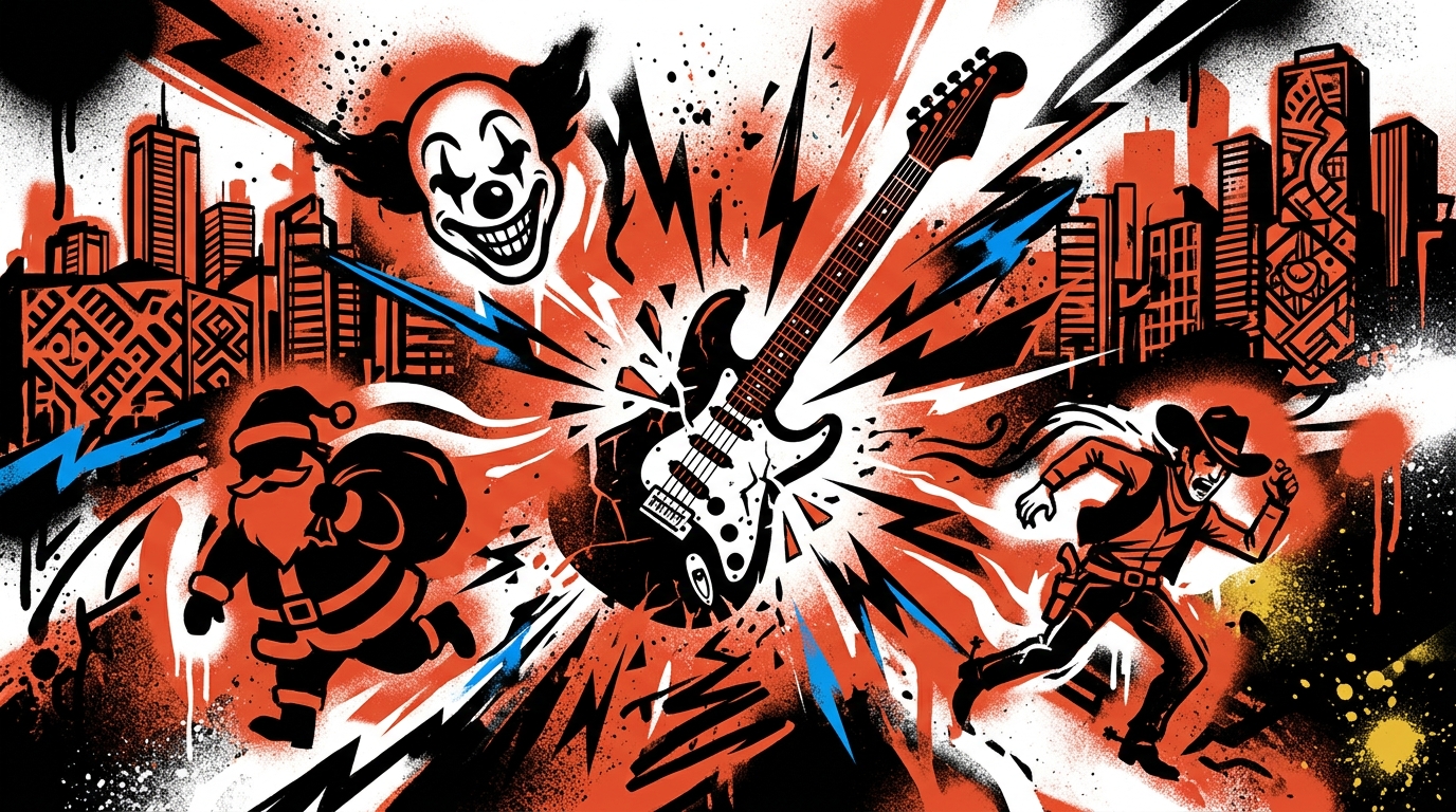 Ilustración urbana de una guitarra explotando, simbolizando el rock de Queens of the Stone Age.