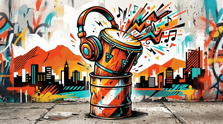 Arte digital sobre los inicios de Chichí Peralta: una tambora de lata de aceite en un vibrante fondo urbano.