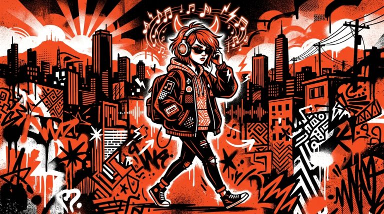 Ilustración urbana del álbum 'Daughter From Hell' de Gracie Abrams. Joven rebelde con audífonos y cuernos de diablo.