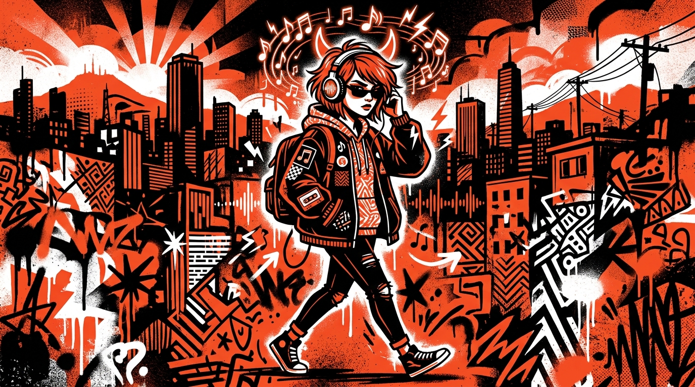 Ilustración urbana del álbum 'Daughter From Hell' de Gracie Abrams. Joven rebelde con audífonos y cuernos de diablo.