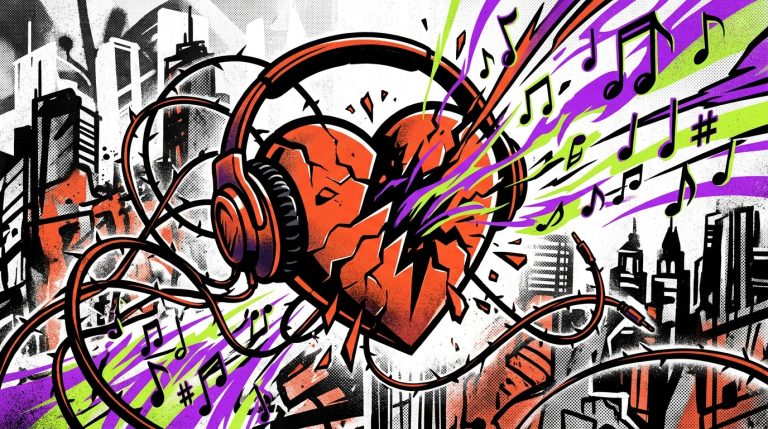 Ilustración urbana de un corazón con audífonos liberándose, inspirada en la canción ‘Por estar contigo’ de Vik Faded y Mara Merino.