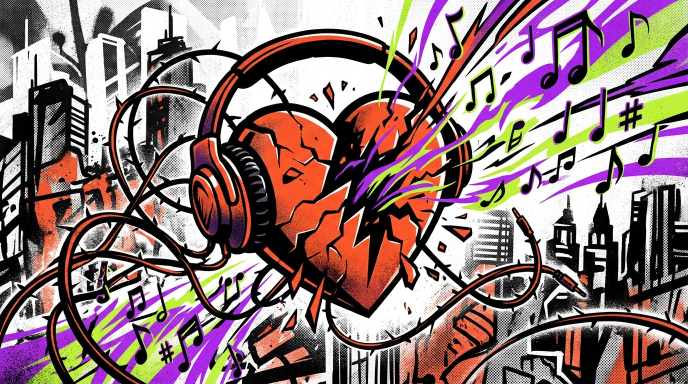 Ilustración urbana de un corazón con audífonos liberándose, inspirada en la canción ‘Por estar contigo’ de Vik Faded y Mara Merino.