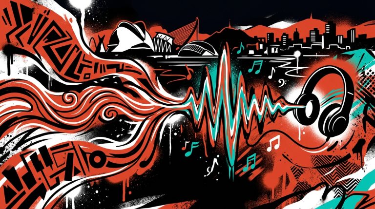 Ilustración urbana que representa la energía musical de la banda TRÍADA y su canción 'Manos de Sal'. Estilo graffiti.
