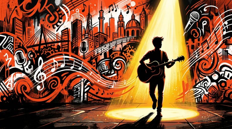 Ilustración urbana de un músico bajo un reflector, simbolizando el nuevo protagonismo del compositor mexicano Calle 24.