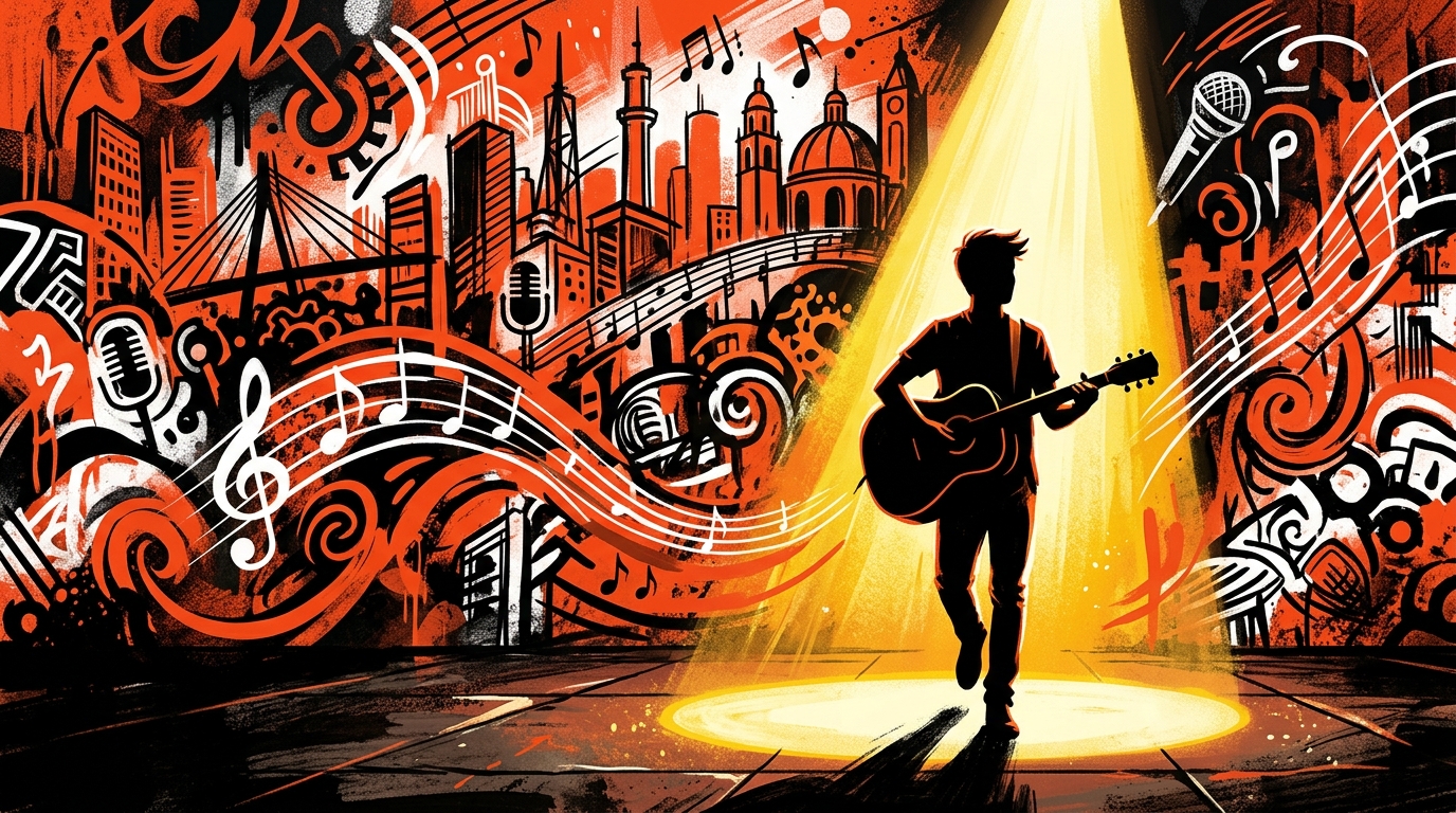 Ilustración urbana de un músico bajo un reflector, simbolizando el nuevo protagonismo del compositor mexicano Calle 24.