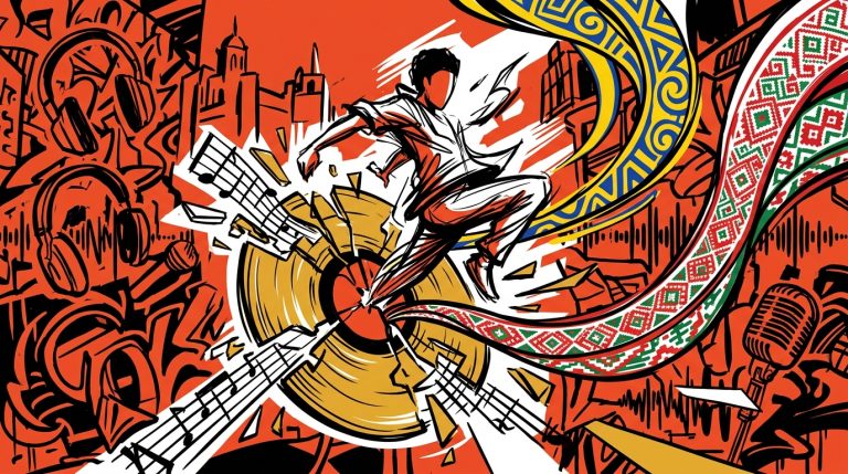Ilustración urbana sobre la rebelión artística de Emyl Rusev y su nuevo sonido "EuroPaisa" con fusión cultural colombo-búlgara.