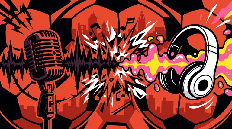 Ilustración urbana del choque musical entre Robert Smith y el show pop del Mundial de fútbol, con ondas de sonido en conflicto.