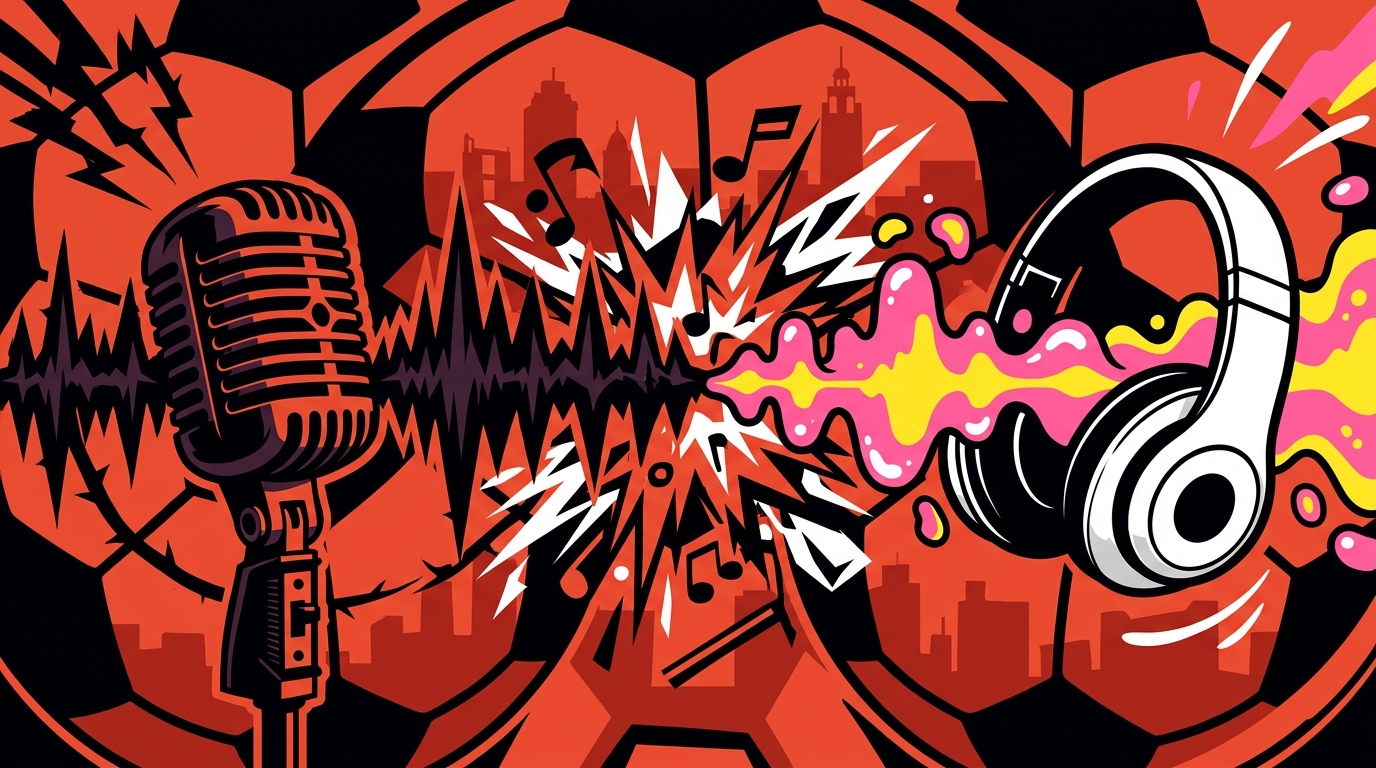 Ilustración urbana del choque musical entre Robert Smith y el show pop del Mundial de fútbol, con ondas de sonido en conflicto.