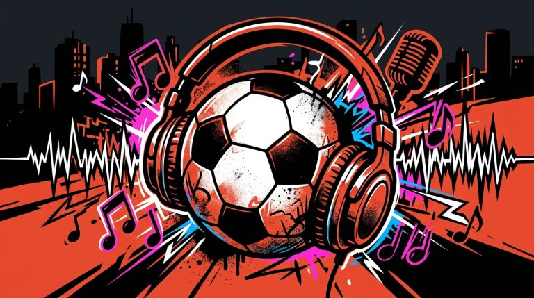 Ilustración urbana de un balón de fútbol con audífonos y notas musicales. Fusión de música y deporte para la Copa del Mundo.