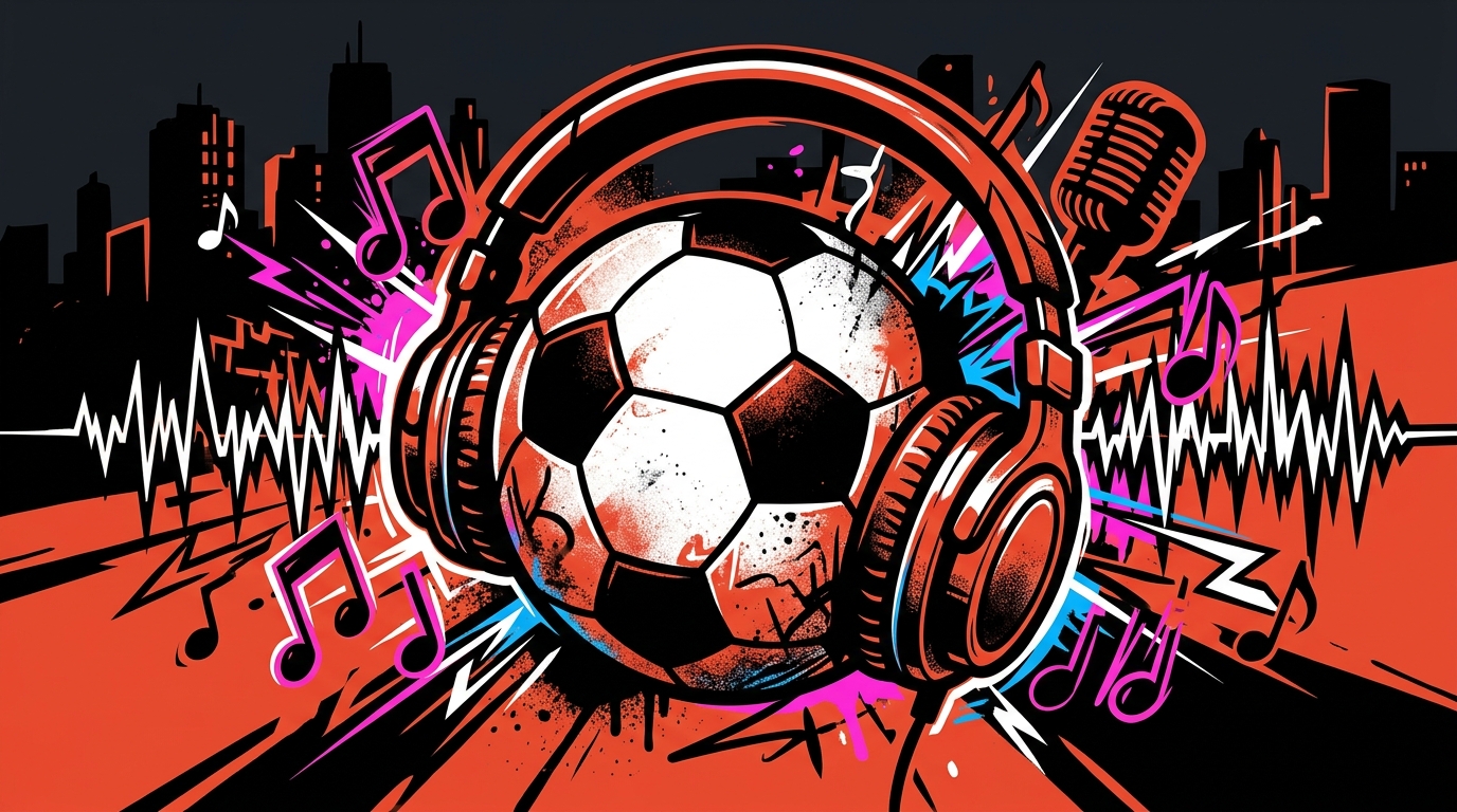 Ilustración urbana de un balón de fútbol con audífonos y notas musicales. Fusión de música y deporte para la Copa del Mundo.
