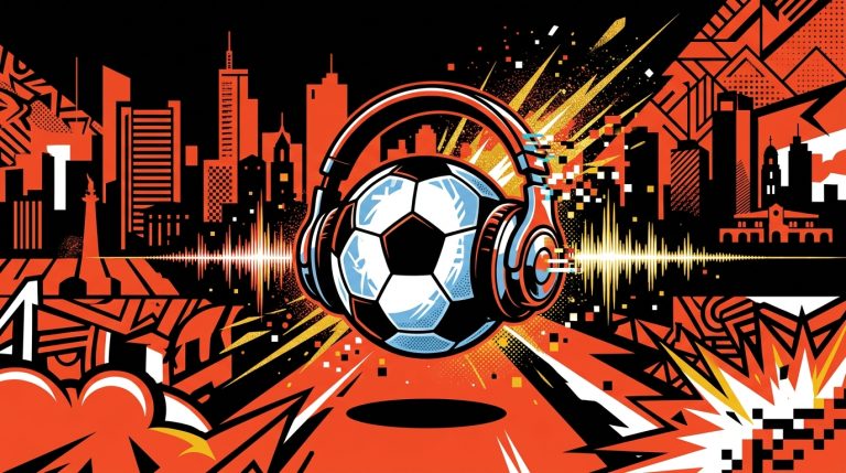 Ilustración pop art sobre la fusión musical de Madonna y la selección argentina. Balón de fútbol con audífonos y fondo urbano.