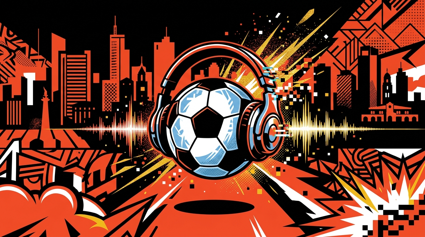 Ilustración pop art sobre la fusión musical de Madonna y la selección argentina. Balón de fútbol con audífonos y fondo urbano.