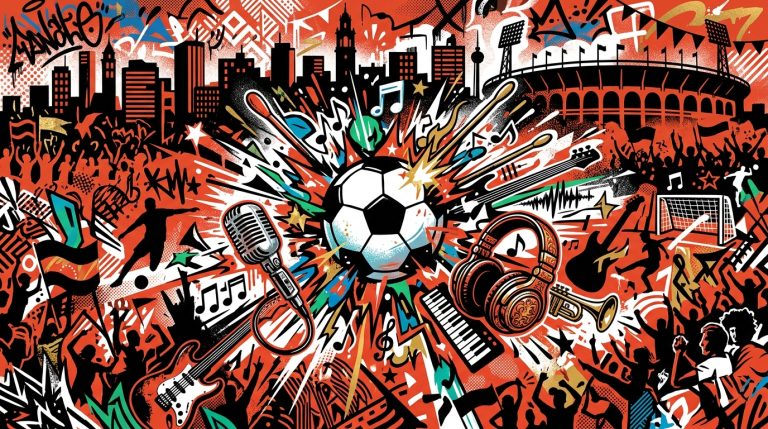 Ilustración de arte urbano sobre el mediotiempo del Mundial 2026, con elementos de música y fútbol en estilo venezolano.
