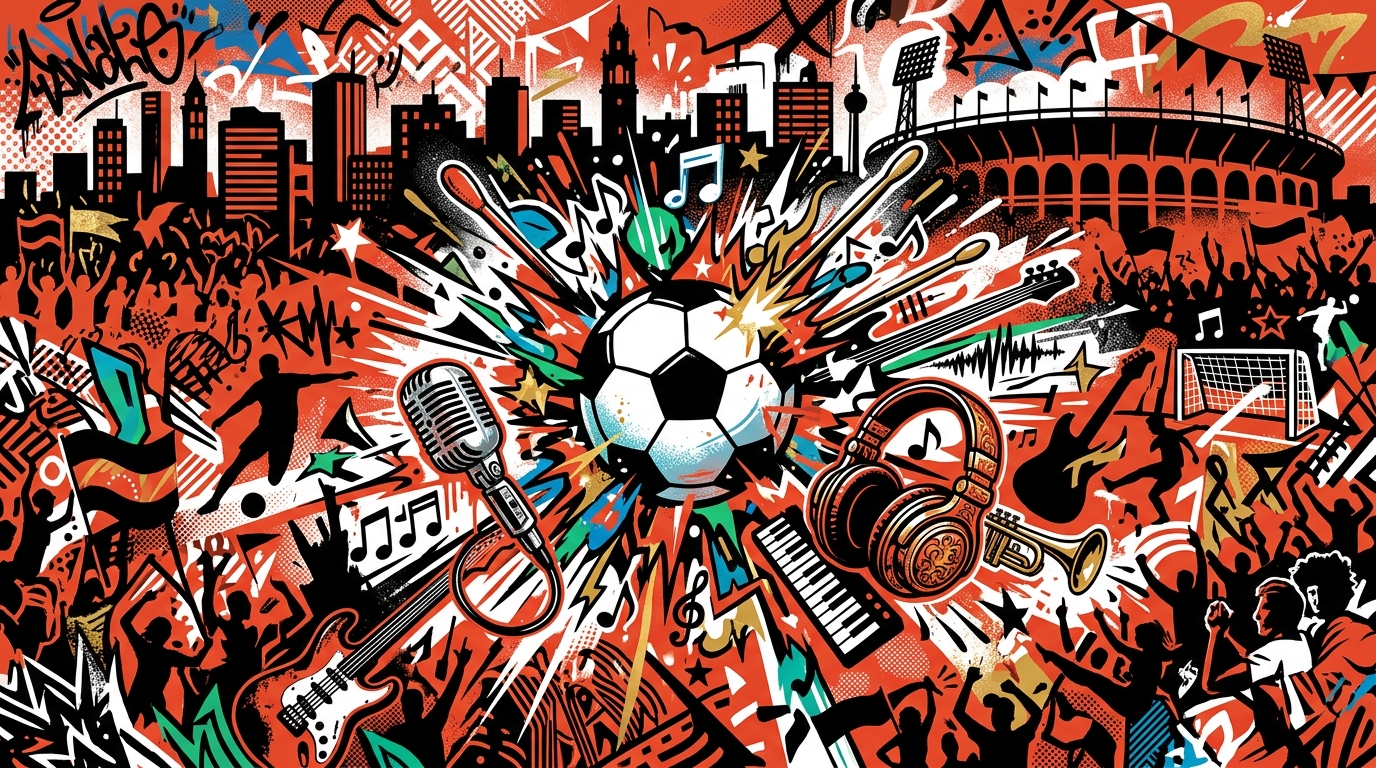 Ilustración de arte urbano sobre el mediotiempo del Mundial 2026, con elementos de música y fútbol en estilo venezolano.