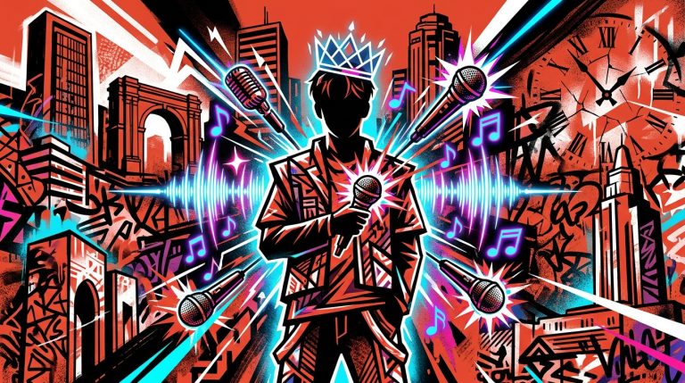 Arte digital de U-Know de TVXQ como el rey del K-Pop. Ilustración urbana con colores vibrantes y símbolos musicales.
