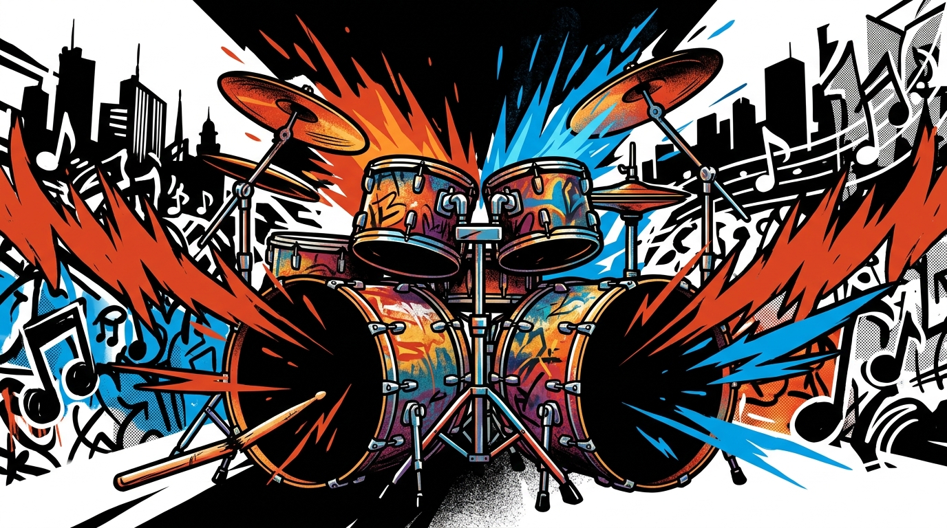 Ilustración de arte urbano en homenaje a Pato Strunz, legendario baterista de metal de Hermética y Malón.